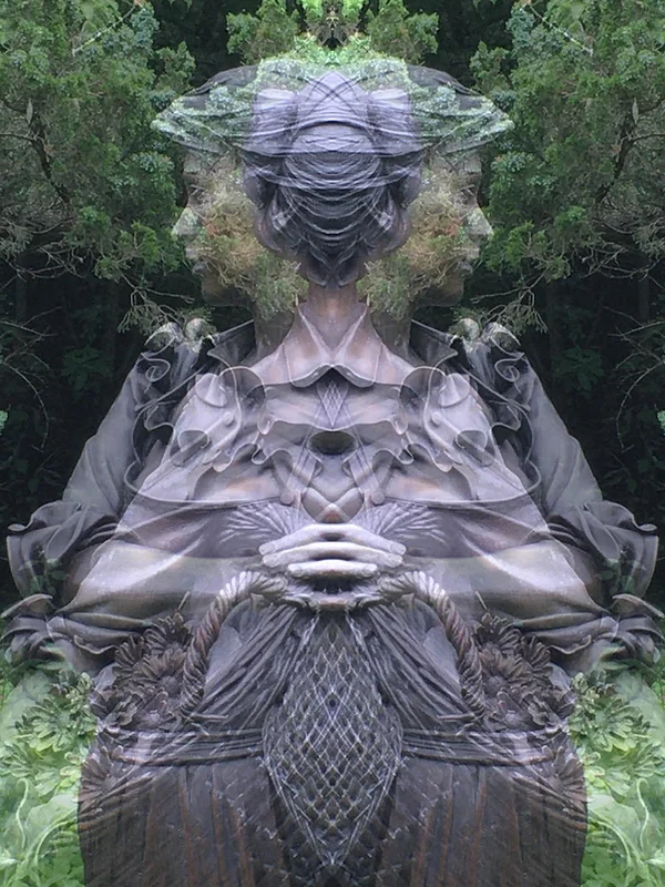 Dreamlike composite of an ornate classical statue framed by dark trees, muted earthy greens and browns with a surreal mirrored symmetry