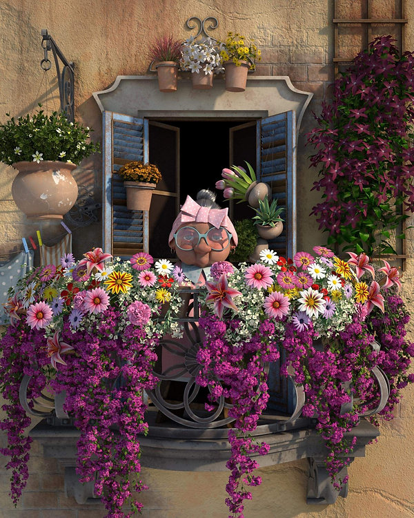 Illustrated balcony overflowing with colorful flowers and potted plants, warm sunny tones, whimsical and cheerful
