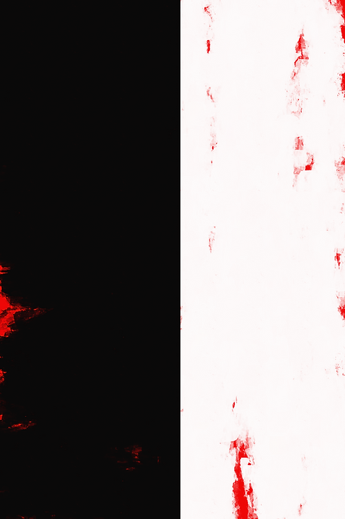 Abstract split image, black panel with red streaks on left, white panel with red splatters on right, moody and dramatic