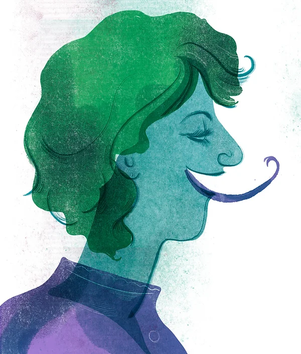 Illustrated profile portrait of a person with green hair and a curling mustache in teal and purple tones, whimsical