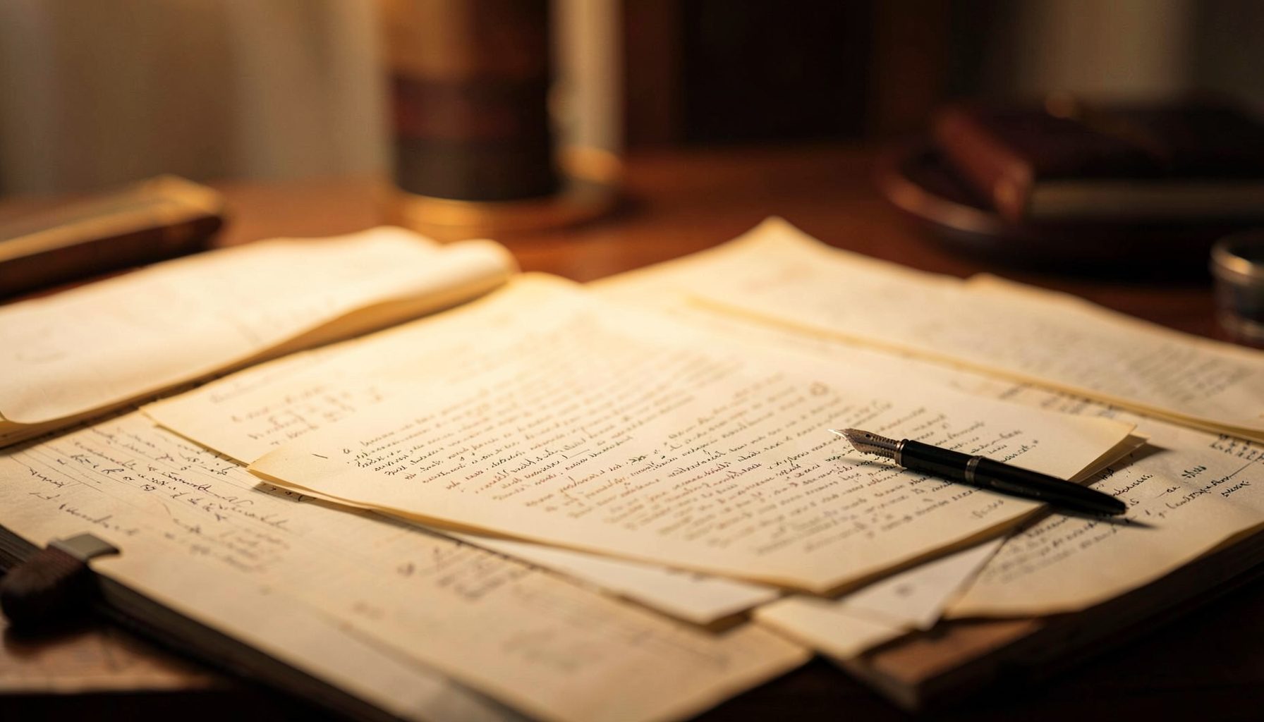 A softly lit writing desk with scattered manuscript pages, a fountain pen, and warm amber and cream tones, evoking a quiet literary atmosphere.