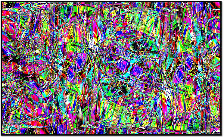 Dense colorful abstract digital pattern with fragmented geometric shapes, chaotic vibrant mood