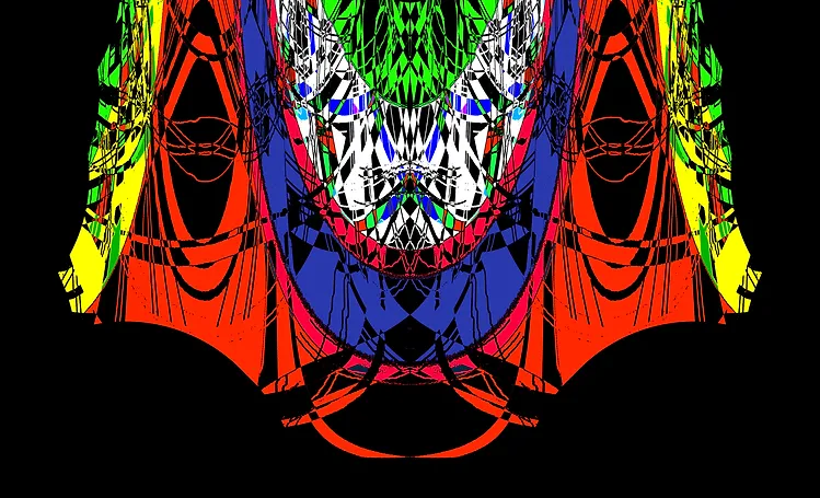 Symmetrical digital abstract pattern with bright primary colors on black background, vibrant geometric mood